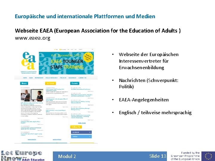 Europäische und internationale Plattformen und Medien Webseite EAEA (European Association for the Education of