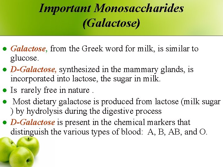 Important Monosaccharides (Galactose) l l l Galactose, from the Greek word for milk, is