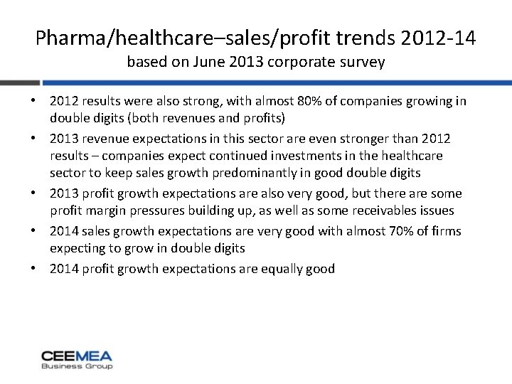 Pharma/healthcare–sales/profit trends 2012 -14 based on June 2013 corporate survey • 2012 results were