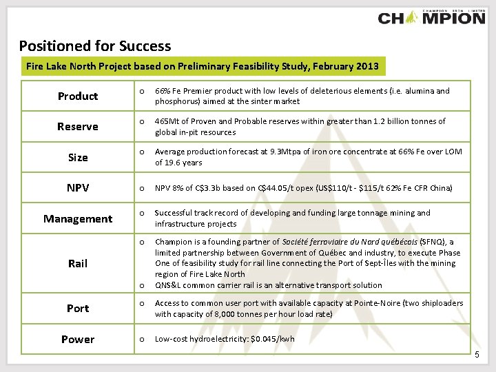 Positioned for Success Fire Lake North Project based on Preliminary Feasibility Study, February 2013