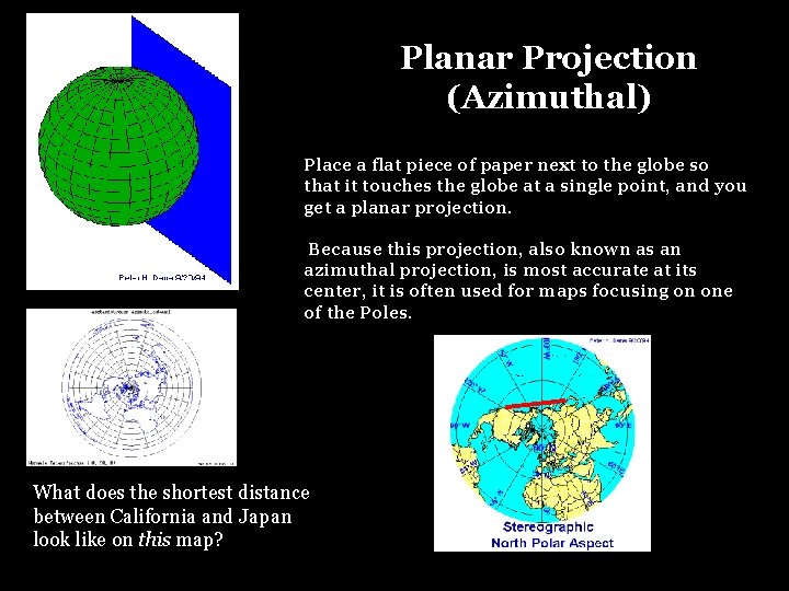 Planar Projection (Azimuthal) Place a flat piece of paper next to the globe so