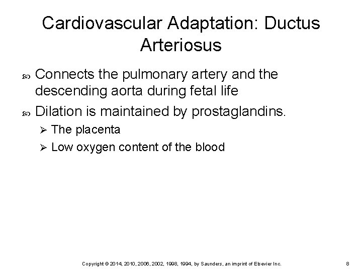 Cardiovascular Adaptation: Ductus Arteriosus Connects the pulmonary artery and the descending aorta during fetal