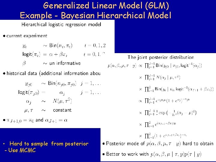 Generalized Linear Model (GLM) Example - Bayesian Hierarchical Model • Hard to sample from Generalized Linear Model (GLM) Example - Bayesian Hierarchical Model • Hard to sample from