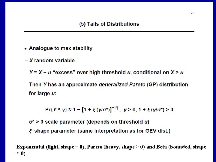 Exponential (light, shape = 0), Pareto (heavy, shape > 0) and Beta (bounded, shape