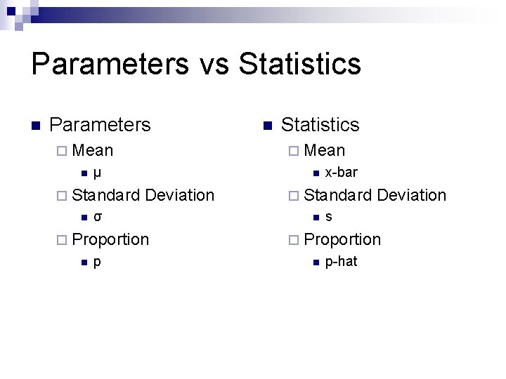 Parameters vs Statistics n Parameters ¨ Mean n Deviation σ ¨ Proportion n p