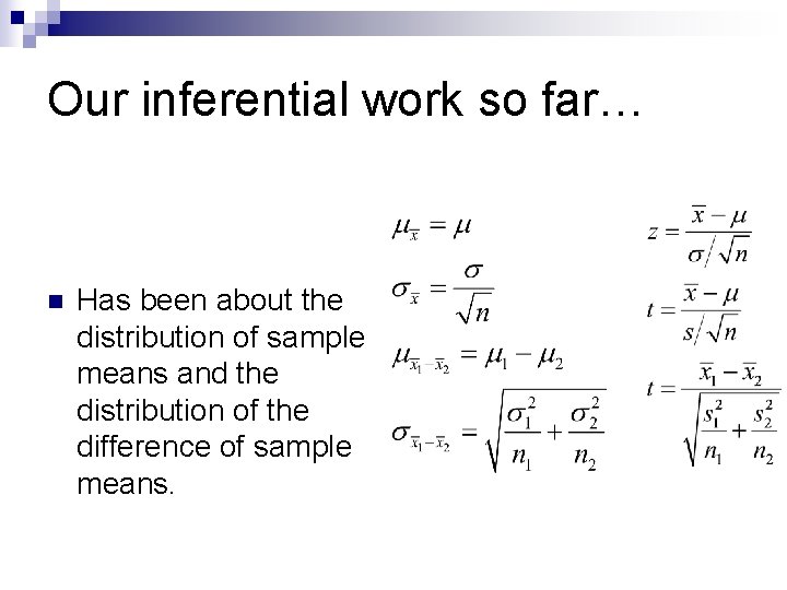Our inferential work so far… n Has been about the distribution of sample means