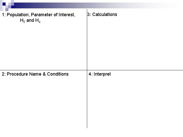 1: Population, Parameter of Interest, H 0 and Ha 2: Procedure Name & Conditions