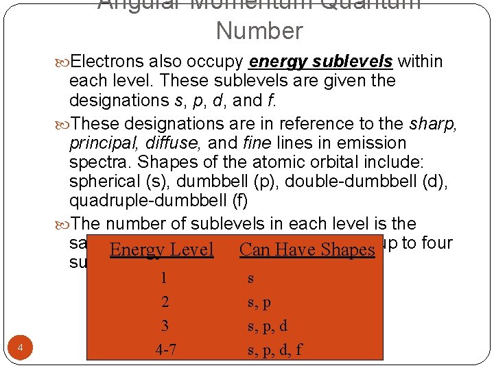 Angular Momentum Quantum Number Electrons also occupy energy sublevels within each level. These sublevels