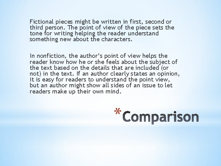 Fictional pieces might be written in first, second or third person. The point of