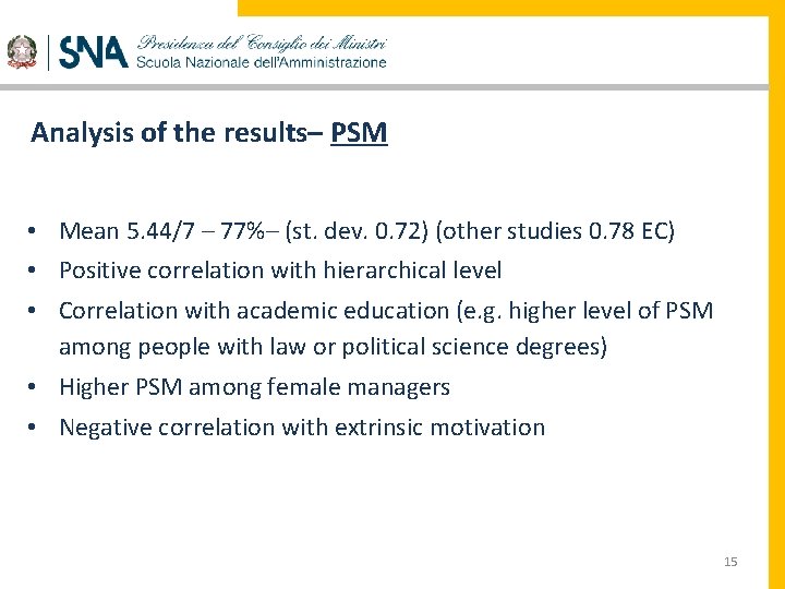 Analysis of the results– PSM • Mean 5. 44/7 – 77%– (st. dev. 0.