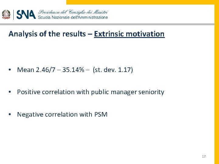 Analysis of the results – Extrinsic motivation • Mean 2. 46/7 – 35. 14%