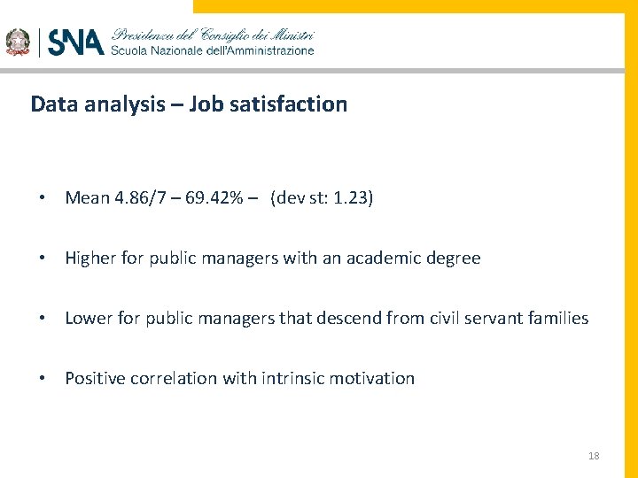 Data analysis – Job satisfaction • Mean 4. 86/7 – 69. 42% – (dev