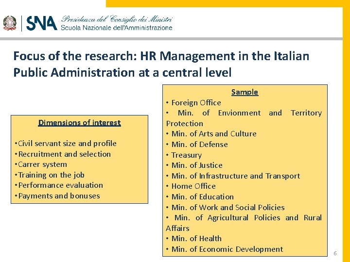 Focus of the research: HR Management in the Italian Public Administration at a central