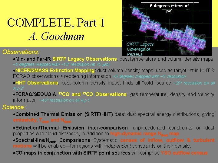 5 degrees (~tens of pc) COMPLETE, Part 1 A. Goodman Observations: SIRTF Legacy Coverage