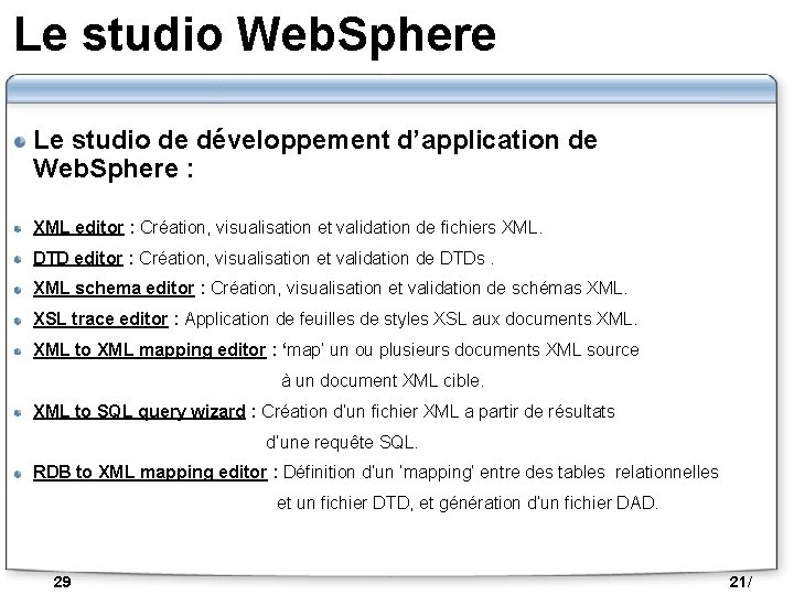 Le studio Web. Sphere Le studio de développement d’application de Web. Sphere : XML