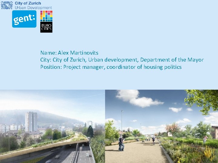 Name: Alex Martinovits City: City of Zurich, Urban development, Department of the Mayor Position: