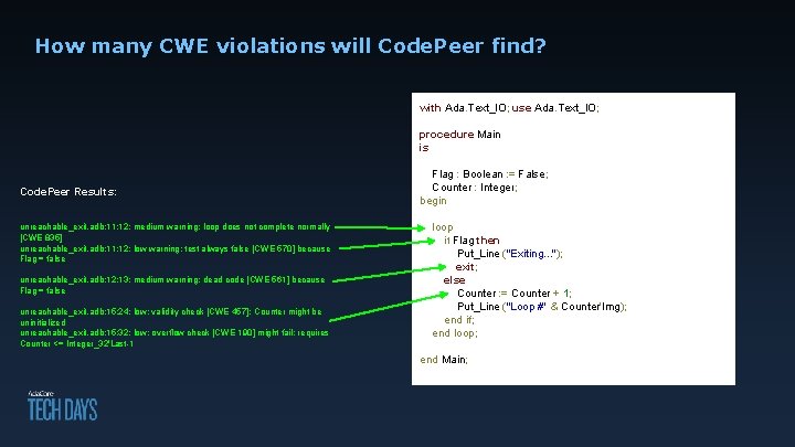 How many CWE violations will Code. Peer find? with Ada. Text_IO; use Ada. Text_IO;