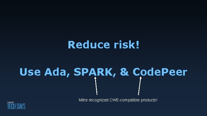Reduce risk! Use Ada, SPARK, & Code. Peer Mitre recognized CWE-compatible products! 