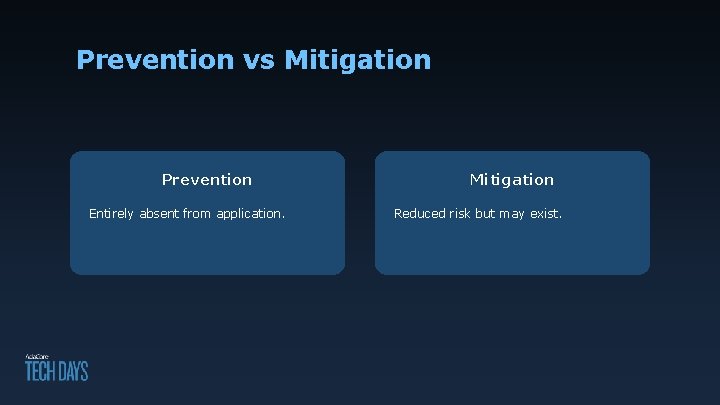 Prevention vs Mitigation Prevention Entirely absent from application. Mitigation Reduced risk but may exist.