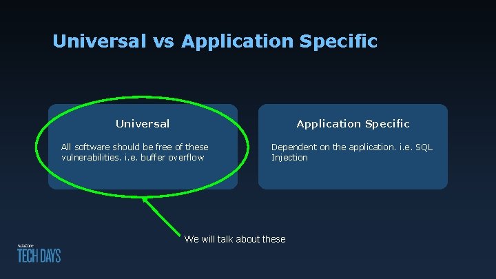 Universal vs Application Specific Universal Application Specific All software should be free of these