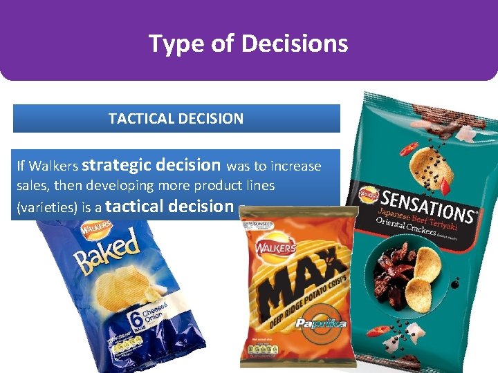 Type of Decisions TACTICAL DECISION If Walkers strategic decision was to increase sales, then
