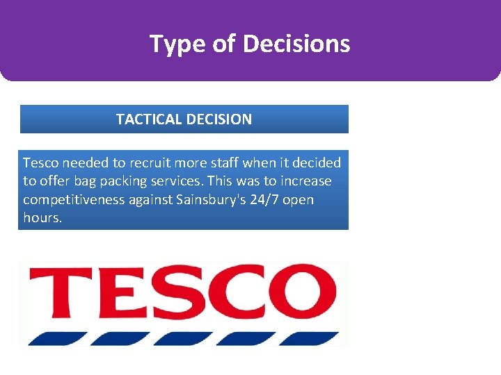 Type of Decisions TACTICAL DECISION Tesco needed to recruit more staff when it decided