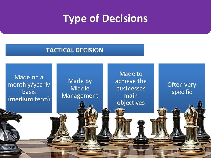Type of Decisions TACTICAL DECISION Made on a monthly/yearly basis (medium term) Made by