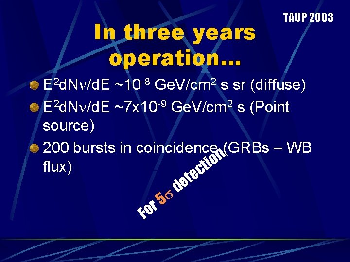 In three years operation… TAUP 2003 E 2 d. N /d. E ~10 -8