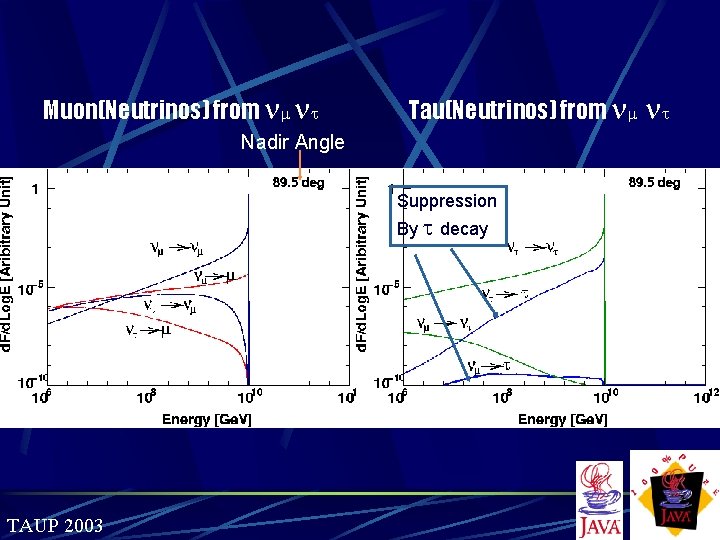 Muon(Neutrinos) from t Tau(Neutrinos) from Nadir Angle Suppression By t decay TAUP 2003 t