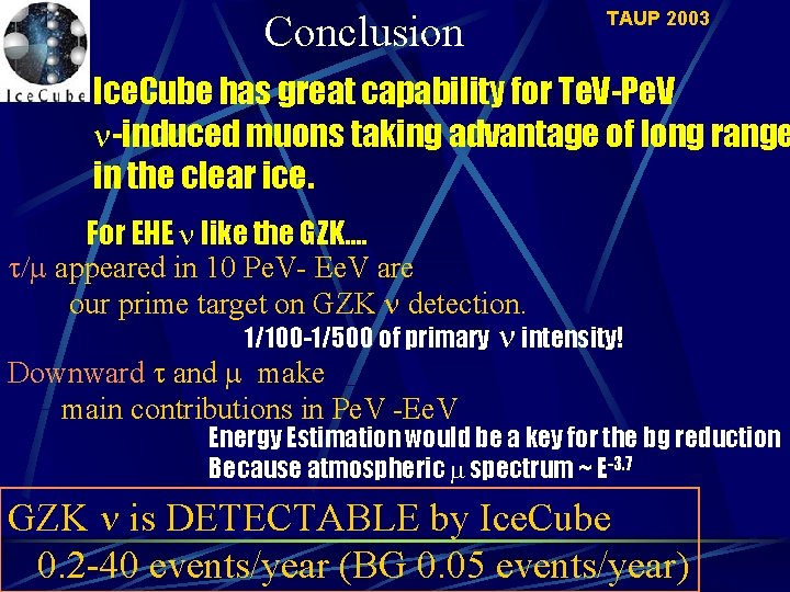 TAUP 2003 Conclusion Ice. Cube has great capability for Te. V-Pe. V -induced muons