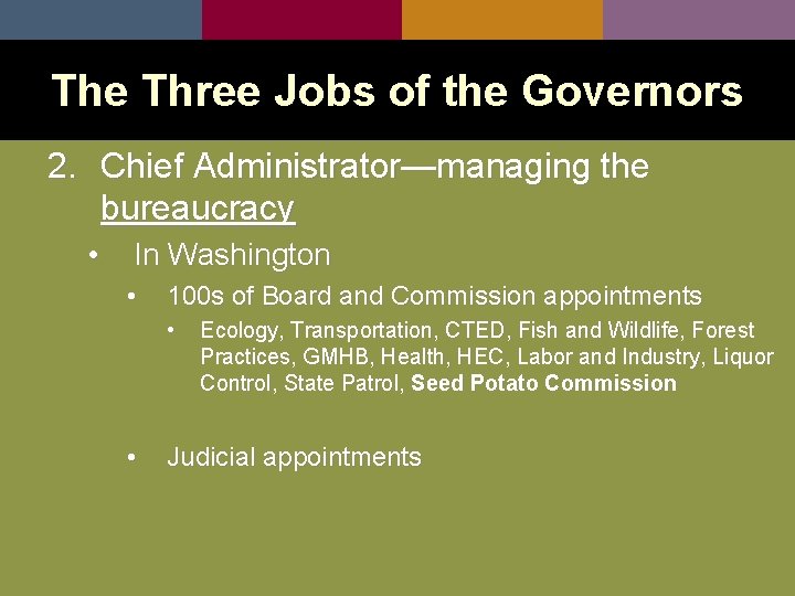 The Three Jobs of the Governors 2. Chief Administrator—managing the bureaucracy • In Washington
