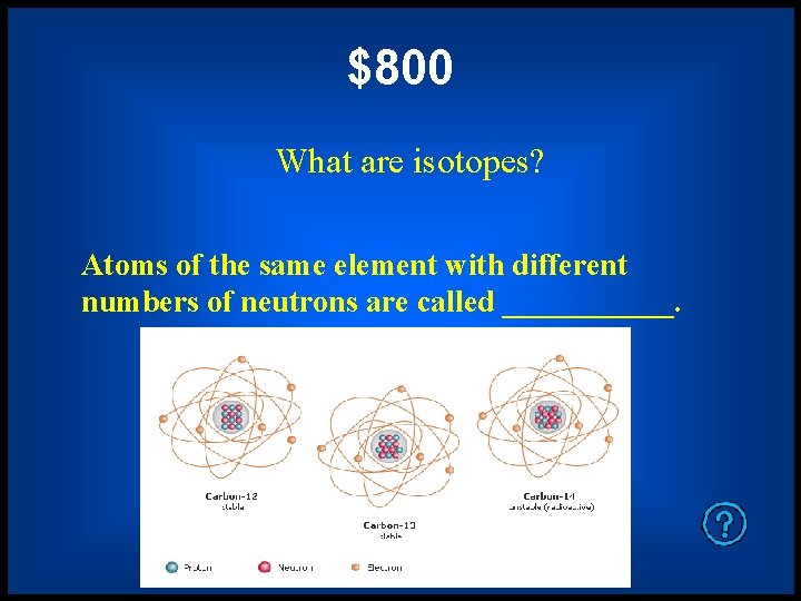 $800 What are isotopes? Atoms of the same element with different numbers of neutrons