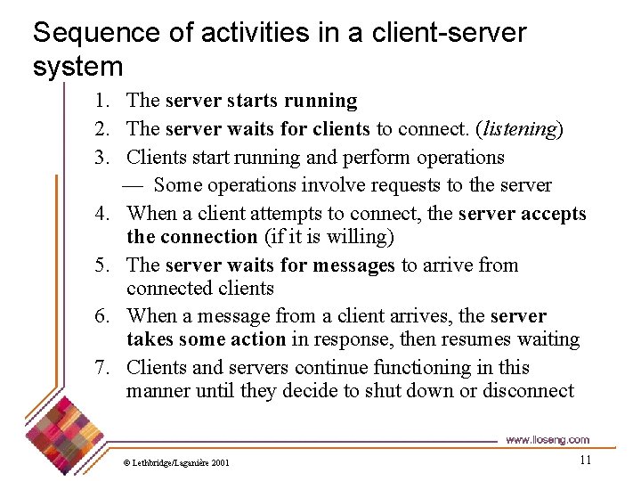 Sequence of activities in a client-server system 1. The server starts running 2. The