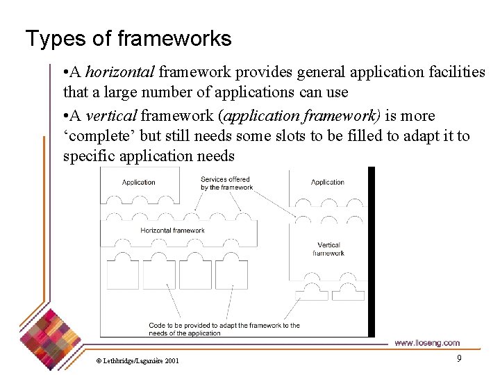 Types of frameworks • A horizontal framework provides general application facilities that a large