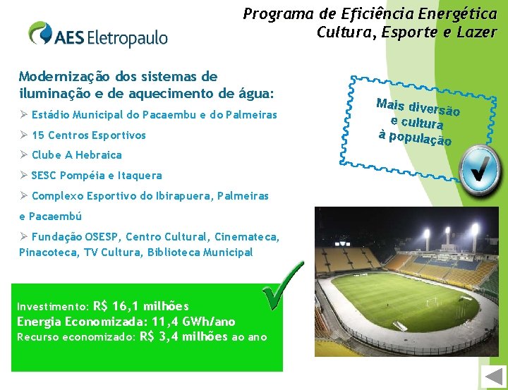 Programa de Eficiência Energética Cultura, Esporte e Lazer Modernização dos sistemas de iluminação e