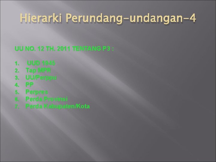 Hierarki Perundang-undangan-4 UU NO. 12 TH. 2011 TENTANG P 3 : 1. 2. 3.