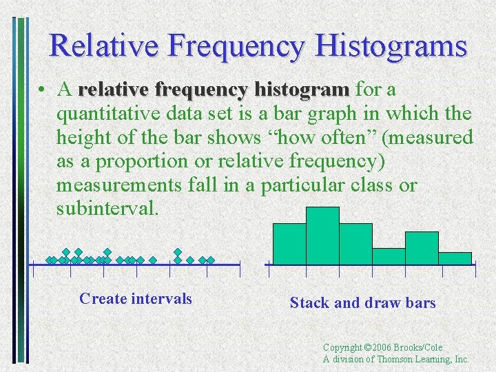 Relative Frequency Histograms • A relative frequency histogram for a quantitative data set is