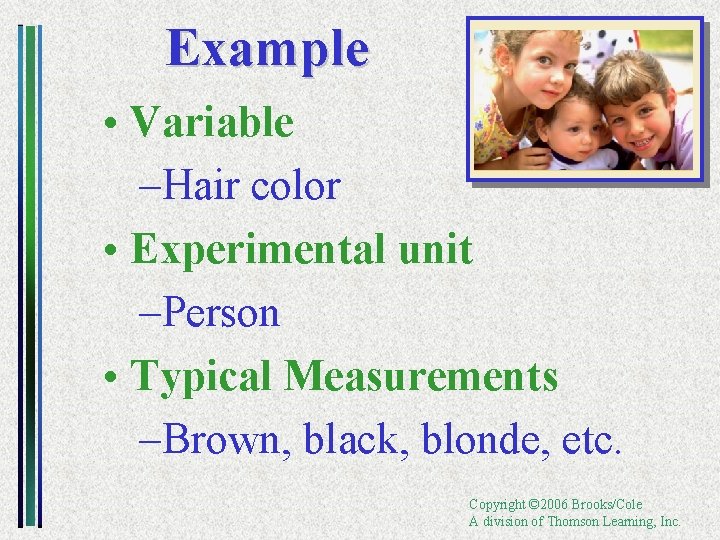 Example • Variable –Hair color • Experimental unit –Person • Typical Measurements –Brown, black,