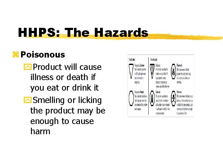 HHPS: The Hazards z Poisonous y. Product will cause illness or death if you