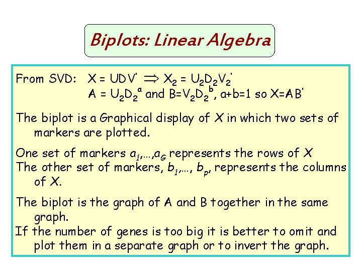 Biplots: Linear Algebra From SVD: X = UDV’ X 2 = U 2 D