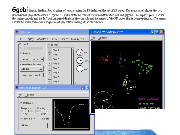 Ggobi display finding four clusters of tumors using the PP index on the set