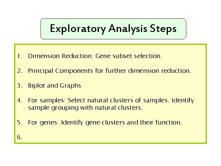 Exploratory Analysis Steps 1. Dimension Reduction: Gene subset selection. 2. Principal Components for further