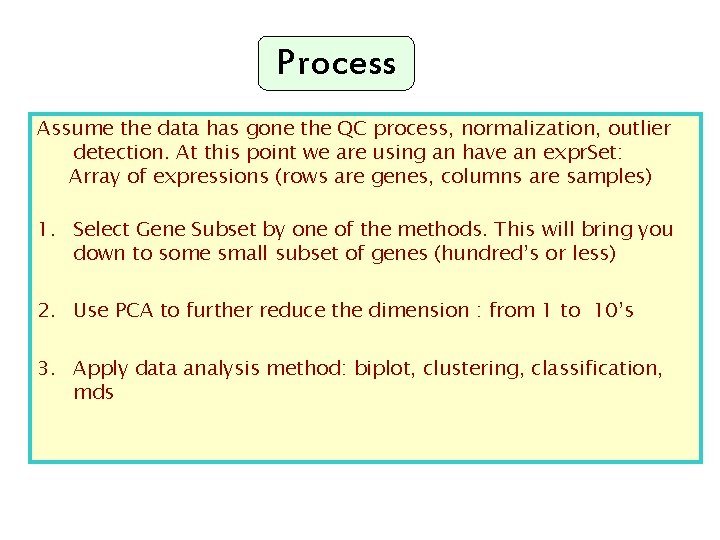 Process Assume the data has gone the QC process, normalization, outlier detection. At this