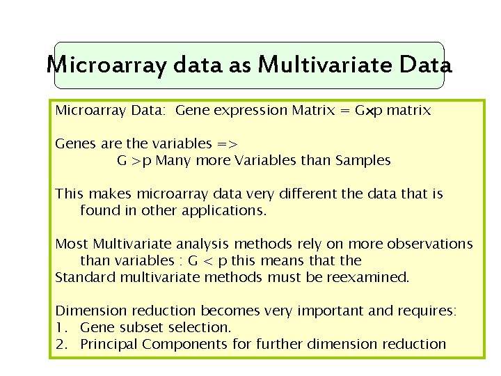 Microarray data as Multivariate Data Microarray Data: Gene expression Matrix = Gxp matrix Genes