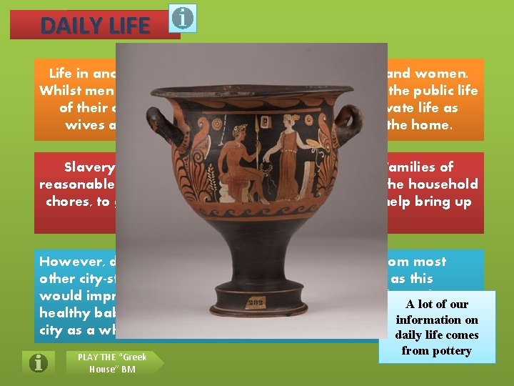 DAILY LIFE Life in ancient Greece was quite different for men and women. Whilst