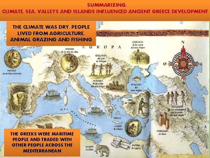 SUMMARIZING, CLIMATE, SEA, VALLEYS AND ISLANDS INFLUENCED ANCIENT GREECE DEVELOPMENT THE CLIMATE WAS DRY.