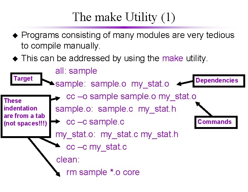 The make Utility (1) Programs consisting of many modules are very tedious to compile