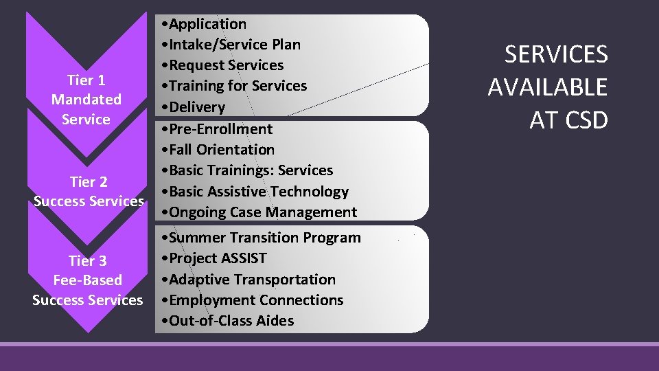  • Application • Intake/Service Plan • Request Services Tier 1 • Training for