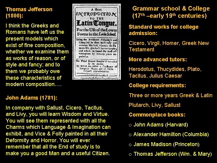 Thomas Jefferson (1800): Grammar school & College (17 th –early 19 th centuries) I