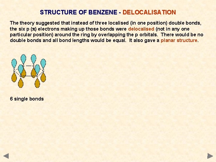 STRUCTURE OF BENZENE - DELOCALISATION The theory suggested that instead of three localised (in